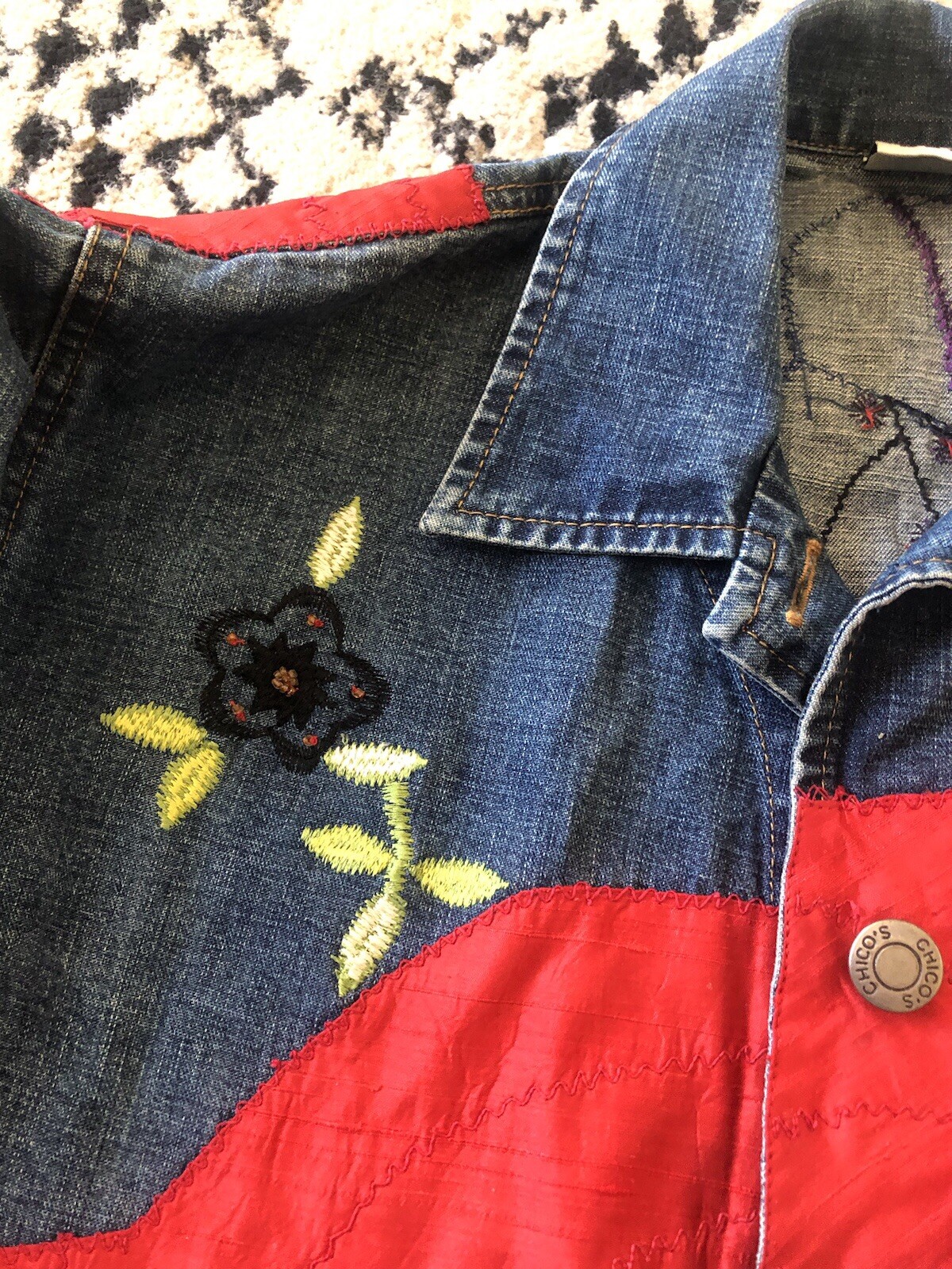 Chico's Design Jean Jacket Patchwork Silk Embroid… - image 10
