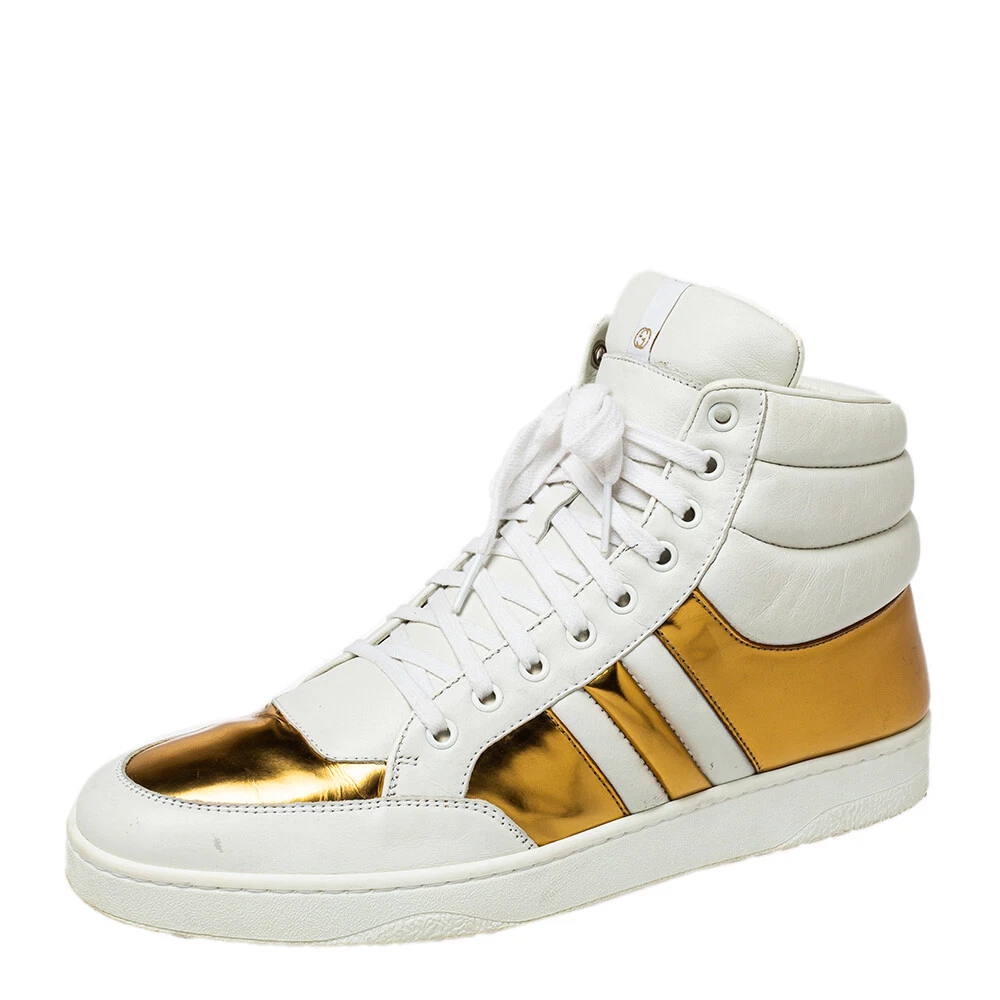 Baskets hautes à lacets en cuir blanc/or Gucci taille 43,5