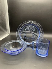VINTAGE TIARA GLASS BLUE NURSERY RHYME CHILD'S DISH SET - 3 PIECES NICE!