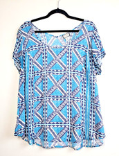Lucky Brand Womens 1X Peasant Top Boho Printed Bohemian Blue Lightweight