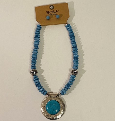 Collana con ciondolo turchese nativo in argento sterling Bora 10,5” con orecchini - Foto 1 di 8