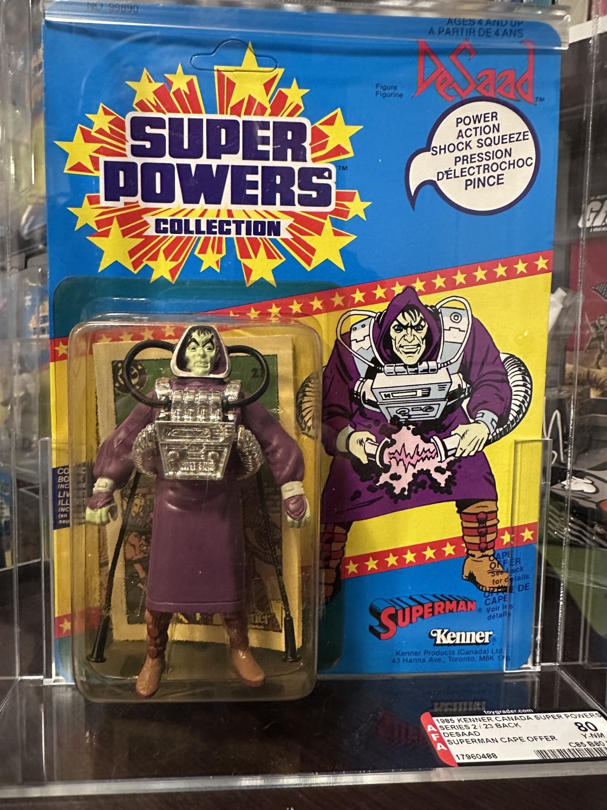 1985 Kenner Canada Super Powers DeSaad 23 Back Cape Offer AFA 80 Y MOC