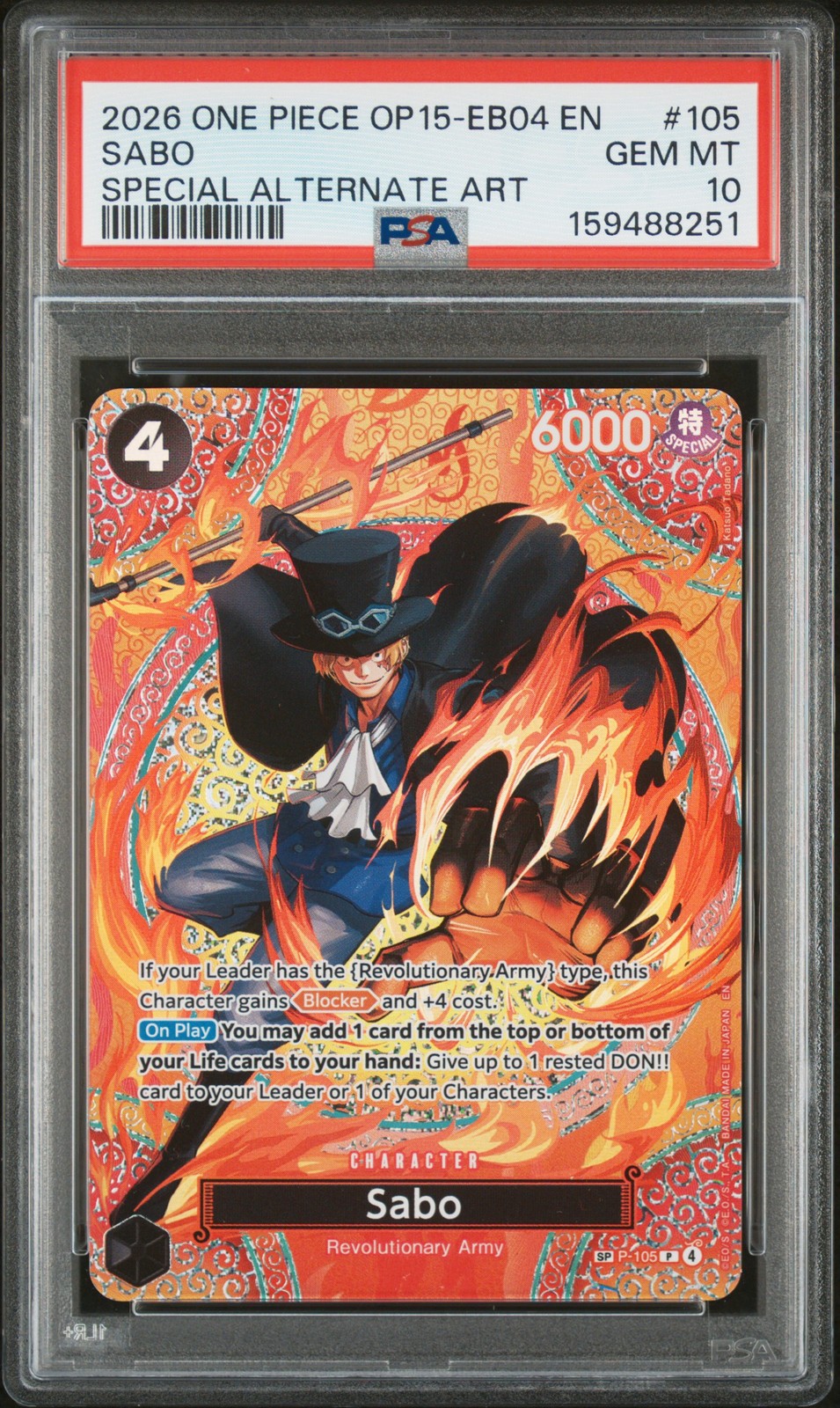 2026 ONE PIECE OP15-EB04-ADVENTURE ON KAMI'S ISLAND #105 SABO PSA 10