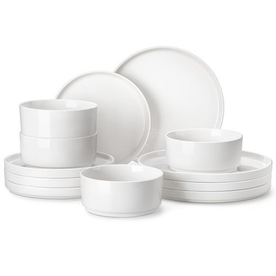 MALACASA 12 Pieces Porcelain Dinnerware Set, Modern White Dish Set for 4, Pre...