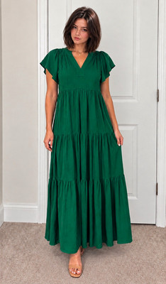 Calvin Klein Green Solid Maxi Dress V-Neck Flutter Sleeve Tiered Pleated 10