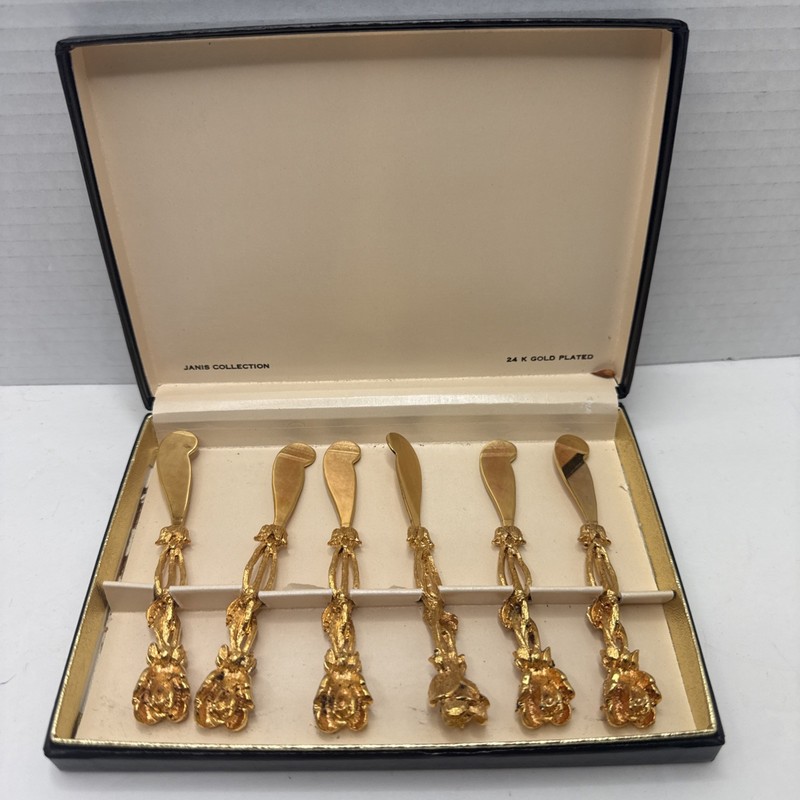 24K Gold Plated Hors D'Ouvre Cocktail Forks 1960s Tancraft Janis Collection Box