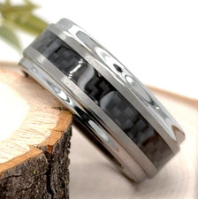 Men s 9mm Silver Tungsten Wedding Ring with Black Carbon Fiber Accent Polished