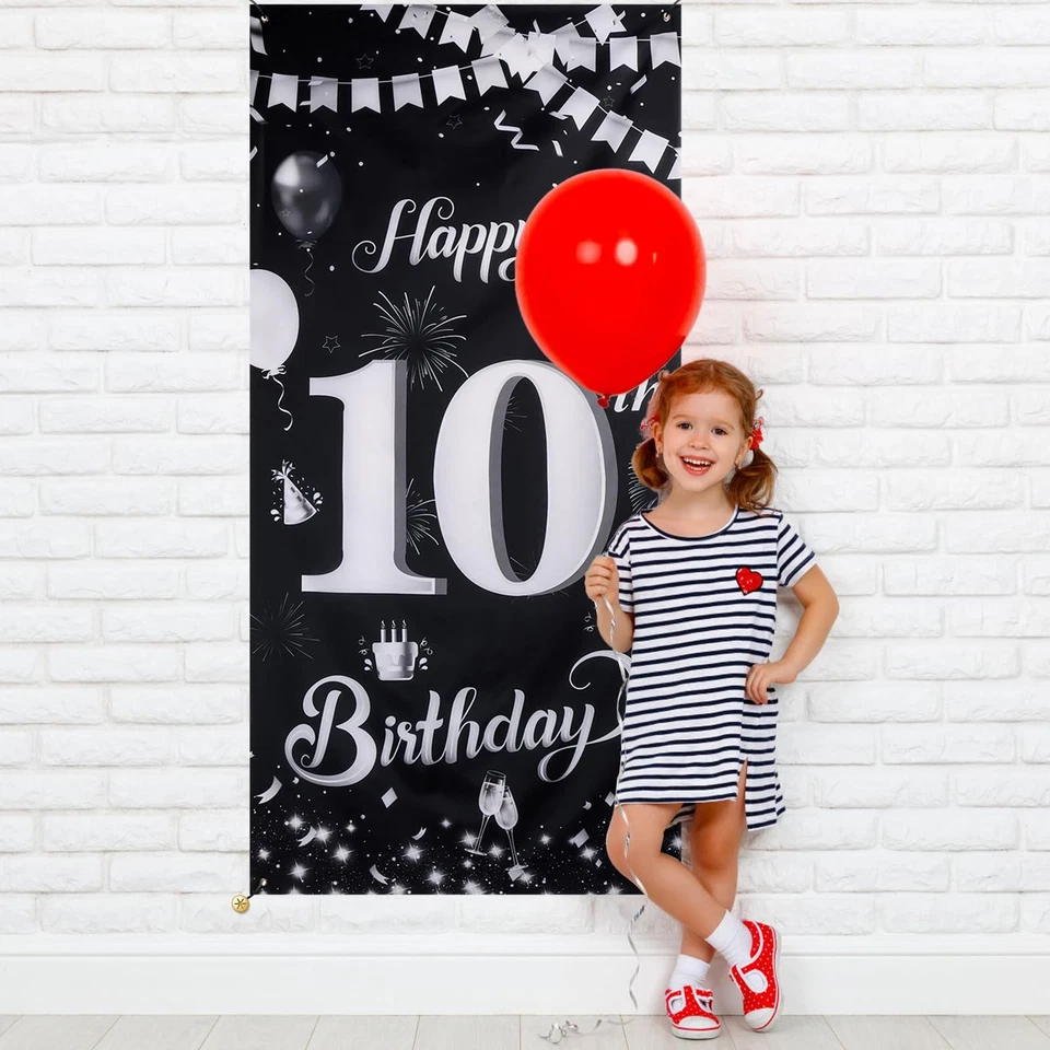 Bannière décorative pour 10e anniversaire  Noir et argenté  185 x 90 cm  10e ... - Photo 4/4