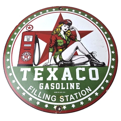 Vintage Texaco Pin Up Gas Pump Porcelain Sign - Filling Station Attendant Sign