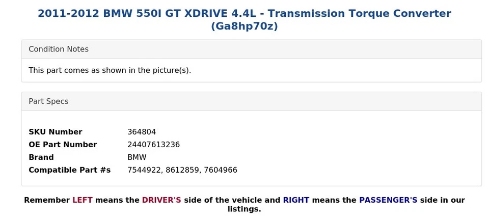 2011-2012 BMW 550I GT XDRIVE 4.4L - Transmission Torque Converter (Ga8hp70z) - Image 3 of 4
