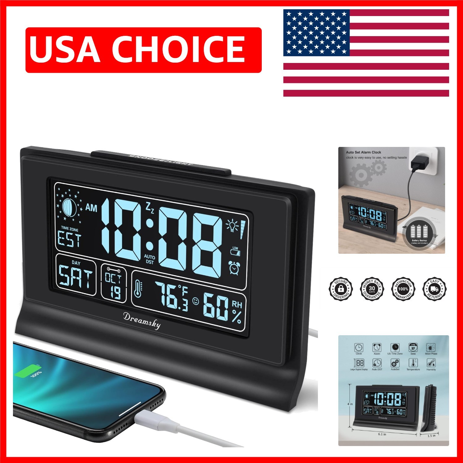 Elegant Auto Set Digital Alarm Clock with USB Port & Temperature Display