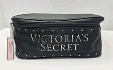 Victorias Secret Black Bling Train Case Makeup Fabric Cosmetic Bag NWT 3 Piece 