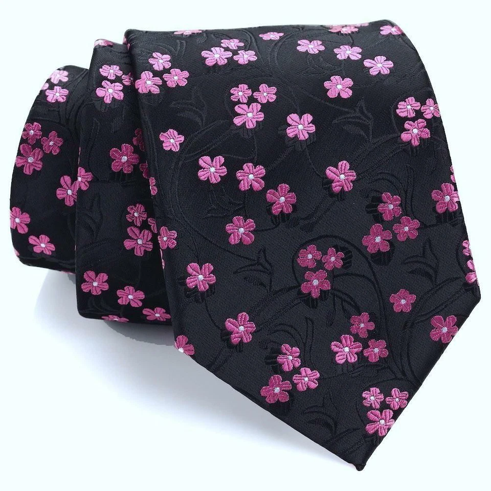 Corbata Floral Negra y Rosa - Corbata Floral Tejida Jacquard - Prendas para el Cuello Negro Rosa Foto 2 de 4