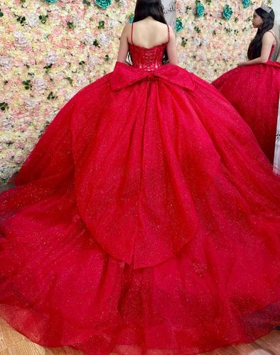 Luxury Red Quinceanera Dresses with Straps Glitters Sweet 15 16 Prom Ball Gowns - Picture 2 of 9