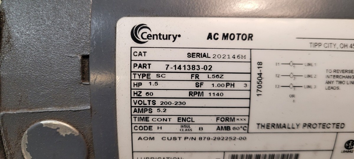 Century A.O.Smith AC MOTOR 1.5HP 200-230V, Rpm 1140, L56z 7
