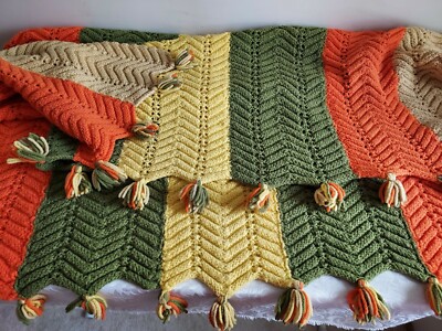 Vintage Afghan Handmade Granny Crochet Tassels Chevron Throw