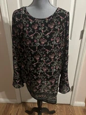 Max Studio Womens Chiffon Tunic Top Size M Black Floral Long Bell Sleeve Boho