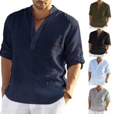 Men's Casual Button Down Shirts Short Sleeve Beach Linen Cotton Summer Shirt