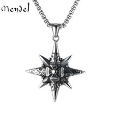 MENDEL Mens Fashion Nautical North Star Compass Pendant Necklace Stainless Steel