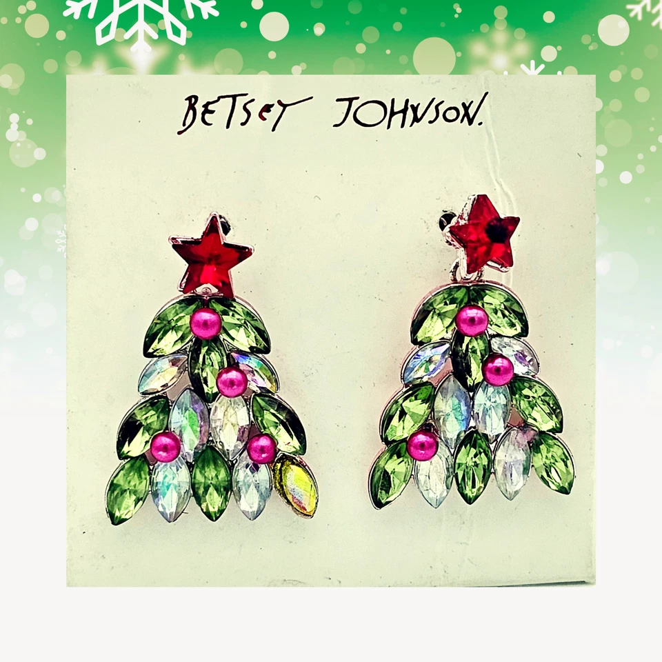 Betsey Johnson Christmas Tree Earrings Multicolor Rhinestone Red Star Topper - Image 2 of 4