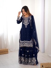 Attractive Look Faux Georgette Navy Blue Palazzo Suit With Dupatta For Reception