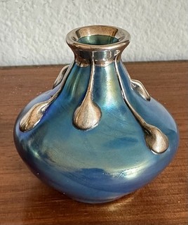 Circa 1900 LOETZ BLUE CAPRI VASE W/ STERLING SILVER TEARDROPS Signed