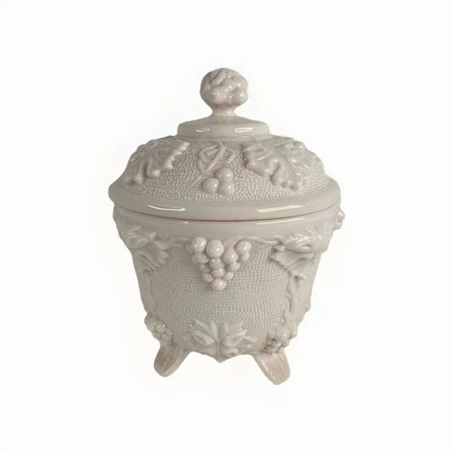 Vintage Jeannette Shell Pink Milk Glass Footed Candy Dish with Lid - EUC!