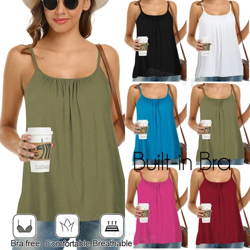 Women Sewn in Bra Boho Floral Loose Summer Camisole Tee Shirt Spaghetti Strap - Picture 1 of 42