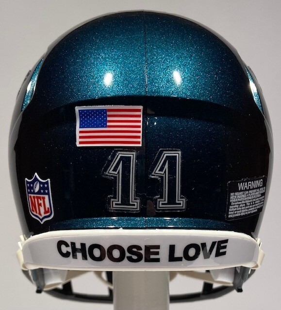 choose love on football helmets PHILADELPHIA EAGLES 2022 A.J. BROWN CUSTOM MINI RIDDELL FOOTBALL HELMET -  REBELS