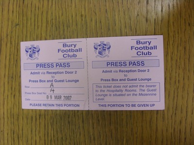 09.03.2002 Ticket: Bury v Notts County [Presseausweis] . Bobfrankandelvis the selle