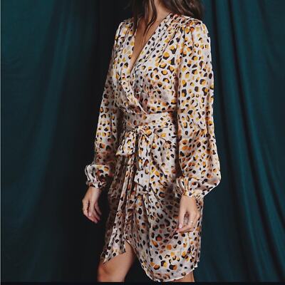 NEW Dress Forum Untamed Surplice Cheetah Wrap Midi Dress Size Small
