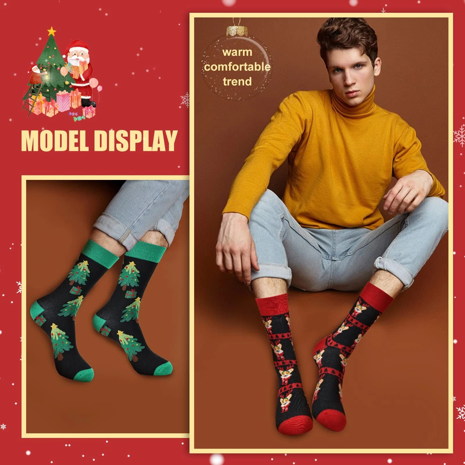 6 Pack Christmas Crew Socks for Men US Size 6-13 Festive Holiday Socks