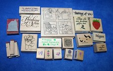 MIXED LOT OF 26 Rubber Mounted Scrapbooking Stamps, Flowers, Bear, Words Heart
