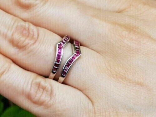 14k Weißgold plattiert Prinzessschliff simulierter rosa Rubin hübscher Ehering Ring - Bild 2 von 6