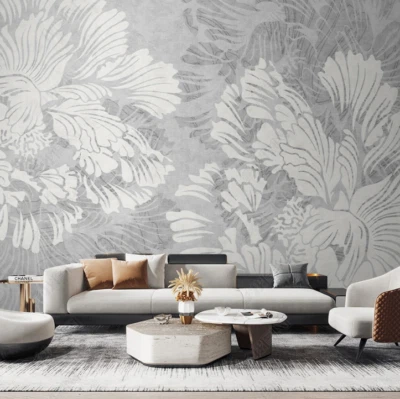 3D Floral Background Grey Self-adhesive Removeable Wallpaper Wall Mural - Image 1 of 4