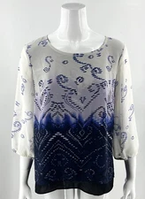 AB Studio Top Size L White Blue Black Layered Flowy 3/4 Sleeve Blouse Womens