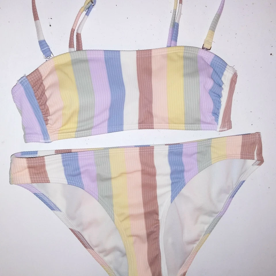 Xhilaration Swim Bikini XS Top Small Bottom Colorful Stripe Bandeau Lined - Image 2 of 4