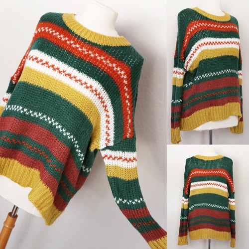 NEW Color Block Striped Fair Isle Vintage Retro Style Loose Knit Sweater Top - Picture 3 of 10