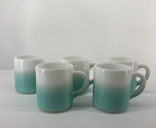 Hazel Atlas Turquoise Blue and White Ombre Fade Mugs Vintage Milk Glass Set Of 5
