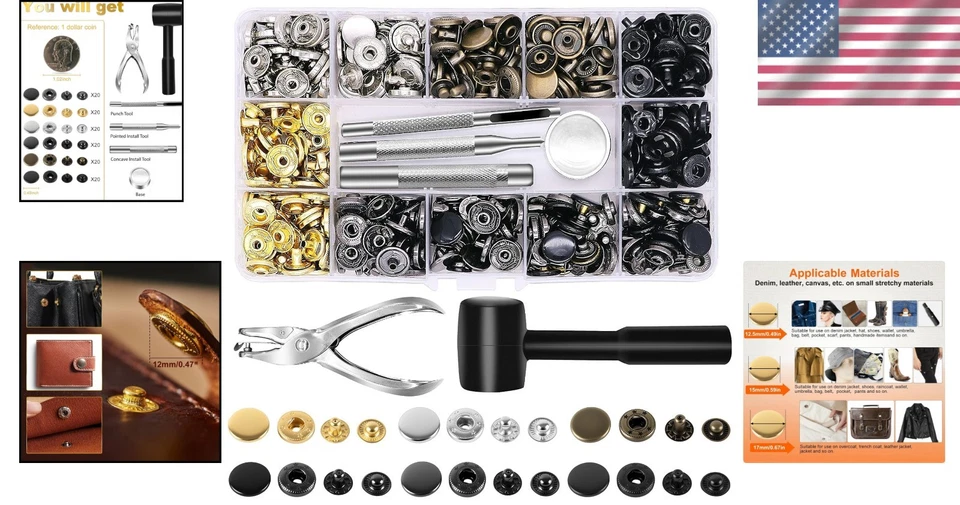 Leather Snap Fasteners Kit 120 Sets Metal Button Snaps for Clothes Bags Crafts - Image 2 of 4