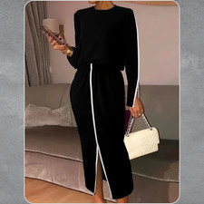 Women casual stretch black long sleeve top and skirt two pieces set size small