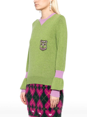 Vintage 2007 Chanel 07A Green Purple Sweater FR-36 Embroidered CC Crest Cashmere