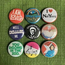 Set of 9 Vintage Style Lot Pinback Badge Buttons 1” Inch Indie 60s 70s 80s