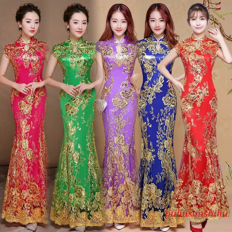 New Cheongsam QiPao Womens Chinese Ball Gown Fishtail Evening Long Wedding Dress