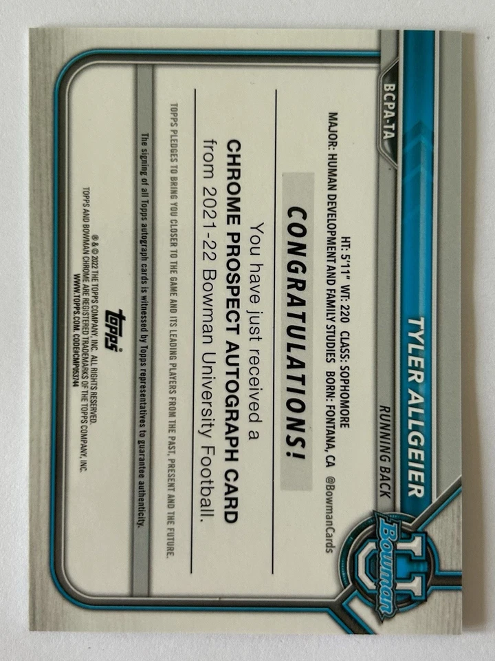 2021-22 Bowman U 1st Chrome #BCPA-TA - Tyler Allgeier - LAVA REFRACTOR AUTO /199 - Image 3 of 3