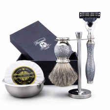 Haryali 5PCS Silver Antique Shaving Kit with Synthetic Badger Brush 3 Edge Razor