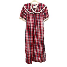 Lanz Red Plaid Cotton Nightgown Short Sleeve Lace Trim Sleepwear - Small
