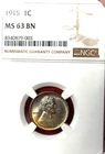 1915  1C Lincoln Wheat Back CENT Graded by NGC MS 63 BN Gold & Purple Coloring