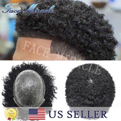 Afro Kinky Curly  Toupee for Black Men Hairpiece Full Poly Human Hair system Wig