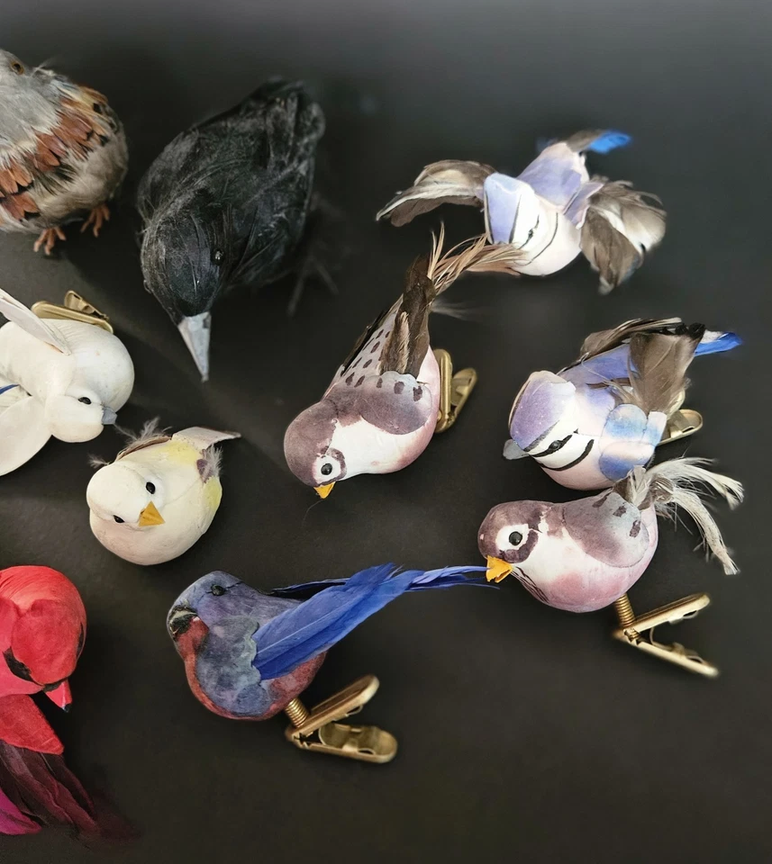 Lote de 12 pájaros artificiales emplumados decoración artesanal vintage en total Foto 3 de 4
